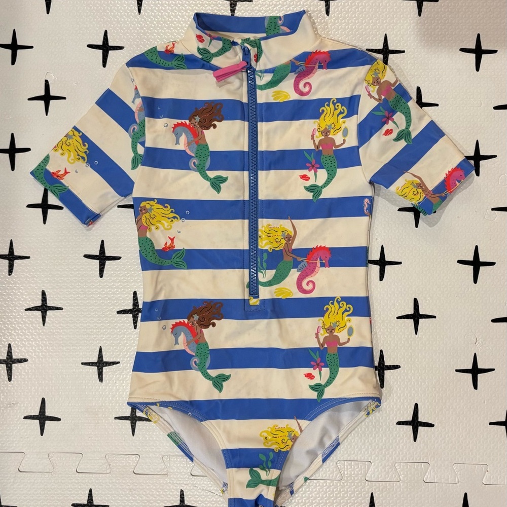 Mini Boden Girls Blue and White Striped Mermaid One-Piece Swimsuit